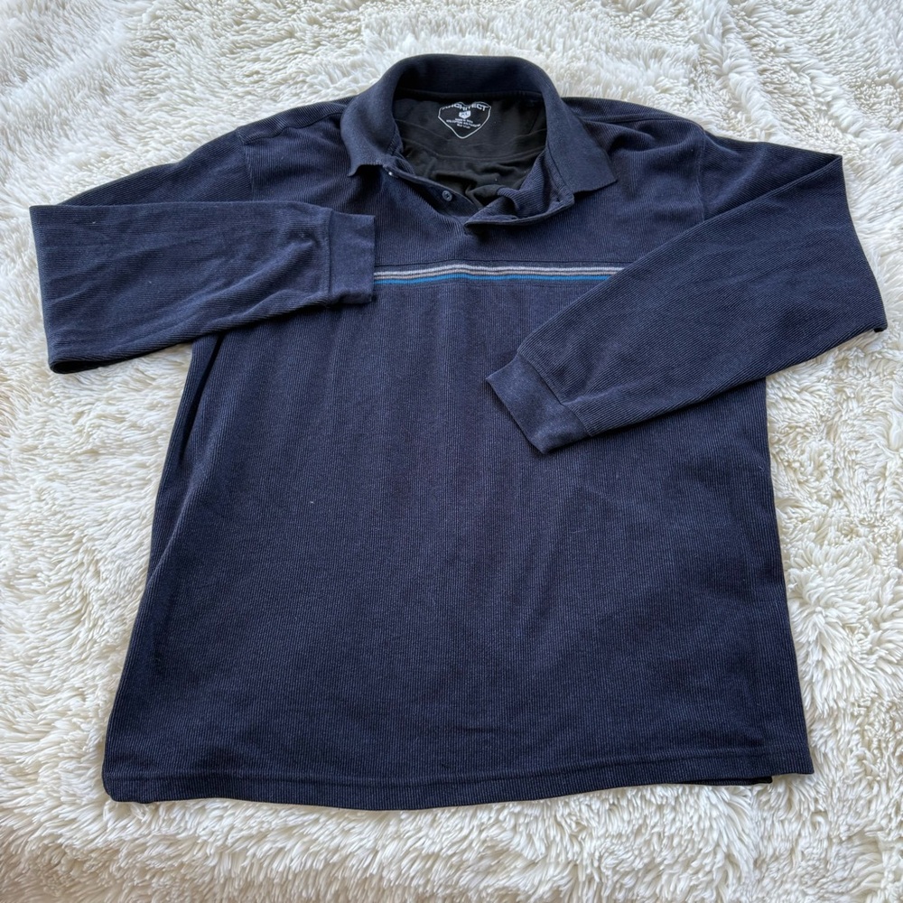 Architect men’s navy with stripes Polo long sleeve Shirt XL mock neck lined